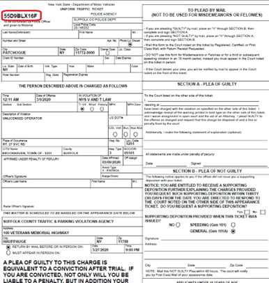 Suffolk County traffic ticket with the TVPA court section highlighted