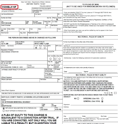 Suffolk County traffic ticket with the TVPA court section highlighted
